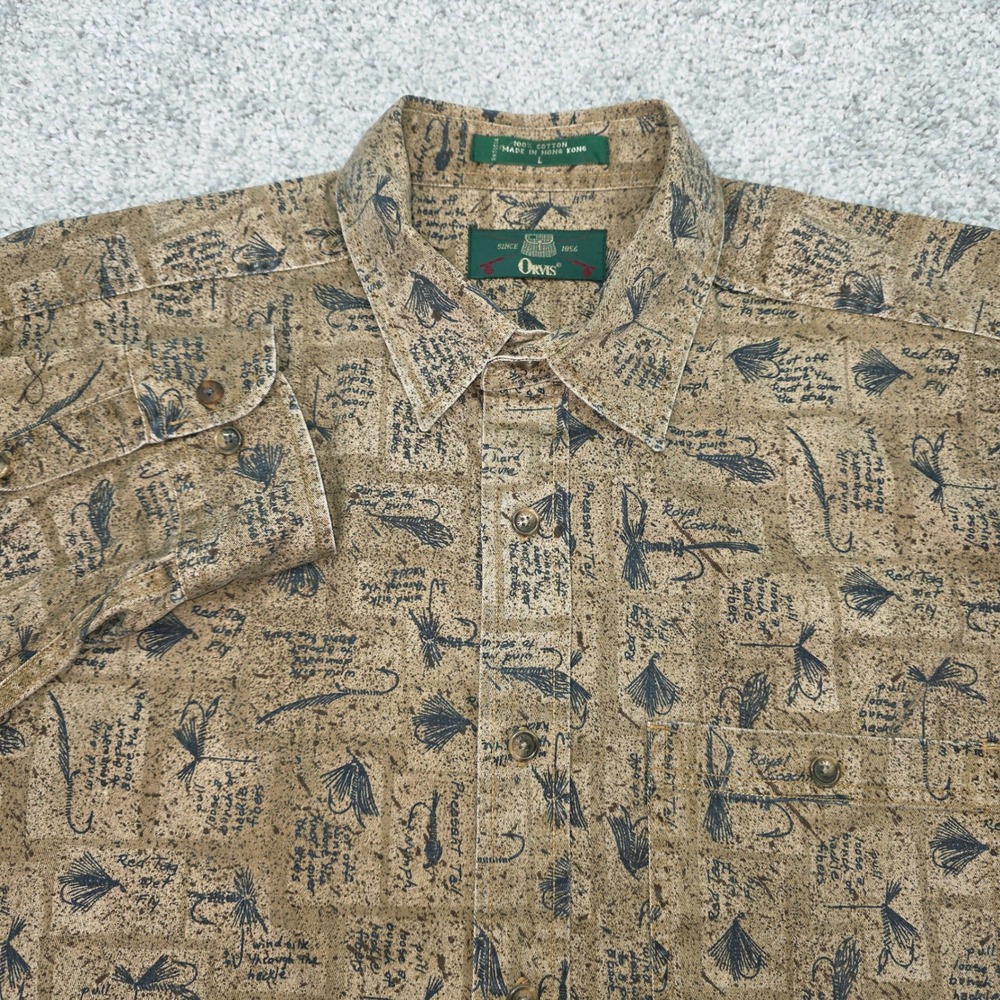 Vintage Orvis Canvas Mens Large Fly Fishing Lure Print Cotton Button Down Shirt